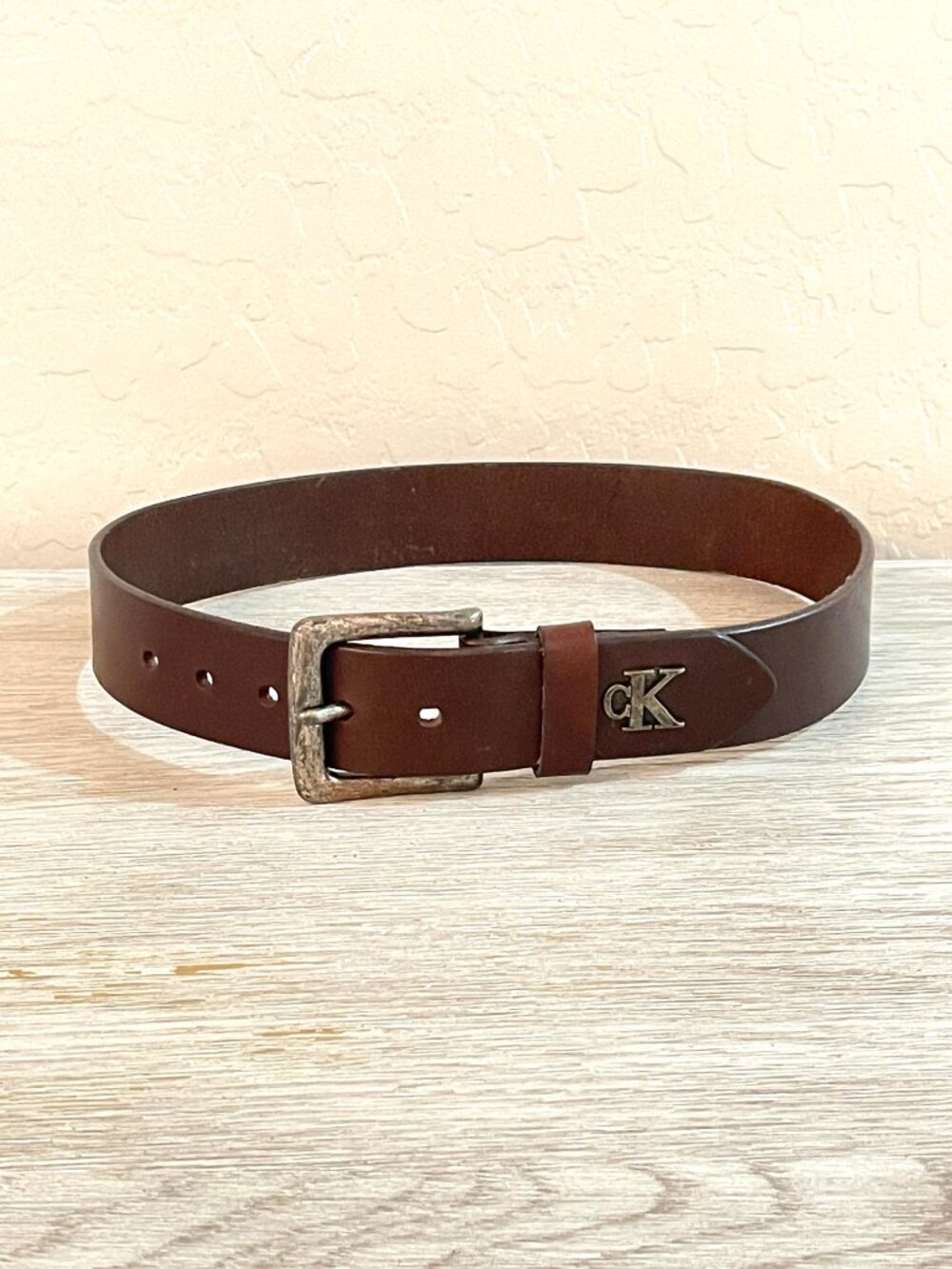 Calvin Klein Leather Belt Brown Italian Leather Silver Logo Small